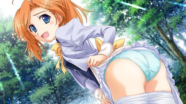Anime picture 1024x576 with yukiiro short hair open mouth blue eyes light erotic wide image game cg ass orange hair girl uniform underwear panties school uniform