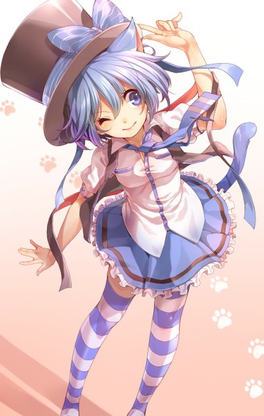Anime picture 863x1359 with original rainybluebell blue (rbb) rojiko single tall image simple background smile purple eyes animal ears blue hair looking away tail animal tail one eye closed wink cat ears cat girl cat tail girl