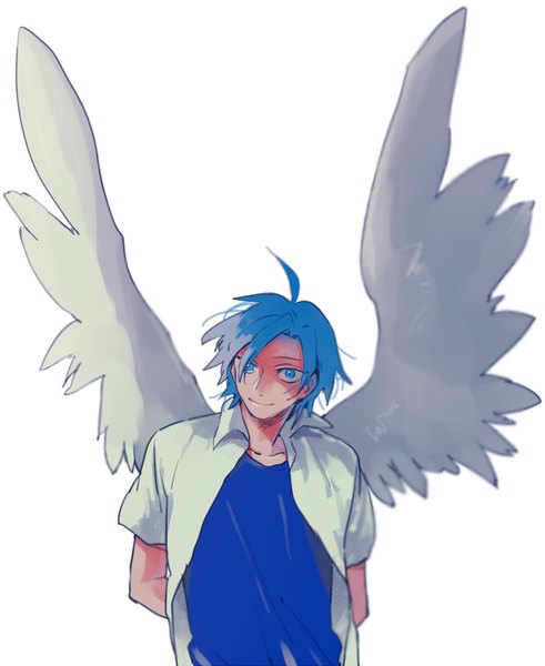 Anime picture 721x880 with yowamushi pedal sangaku manami maru0one single tall image looking at viewer short hair blue eyes simple background smile white background blue hair upper body ahoge shaded face hands behind back angel wings white wings boy wings