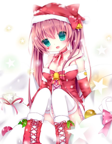 Anime picture 800x1028 with original nachi single long hair tall image blush open mouth blue eyes twintails bare shoulders pink hair christmas lacing convenient leg girl thighhighs bow white thighhighs boots heart