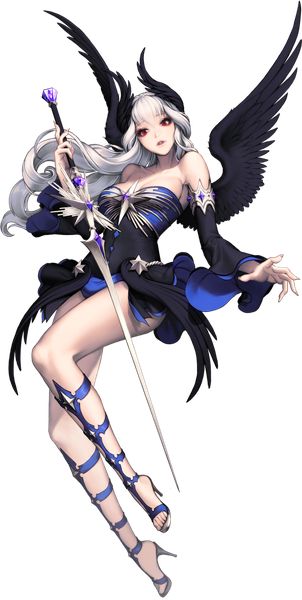 Anime picture 658x1306 with sheryl shouyo-maya long hair tall image fringe breasts red eyes large breasts bare shoulders looking away cleavage full body bent knee (knees) white hair head tilt fingernails wind high heels outstretched arm wavy hair