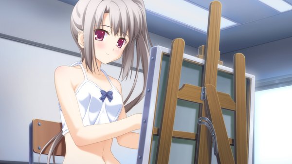 Anime picture 1920x1080 with canvas 4 (game) hitose satsuki amakusa tobari single long hair looking at viewer blush highres smile red eyes wide image bare shoulders game cg silver hair side ponytail girl navel bow