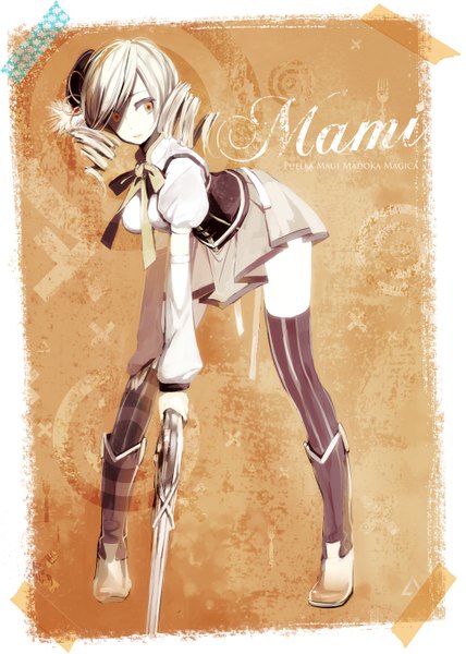 Anime picture 1000x1400 with mahou shoujo madoka magica shaft (studio) tomoe mami horiizumi inko single tall image short hair blonde hair twintails yellow eyes inscription drill hair short twintails framed brown background girl thighhighs weapon boots gun