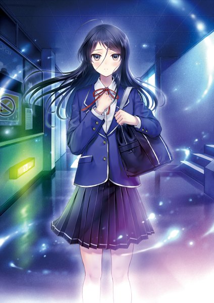 Anime picture 1000x1416 with original hanekoto single long hair tall image looking at viewer blush black hair brown eyes girl skirt uniform school uniform bag