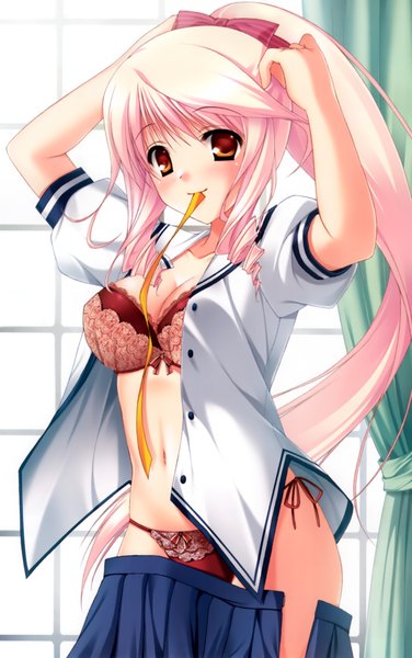 Anime picture 2635x4200 with da capo da capo ii hanasaki akane yaegashi nan long hair tall image blush highres light erotic smile red eyes holding pink hair open clothes mouth hold ribbon in mouth open skirt girl uniform underwear