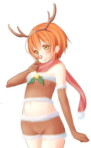 Anime picture 547x885 with love live! school idol project sunrise (studio) love live! hoshizora rin noppi (noppi 98) single tall image looking at viewer blush short hair light erotic simple background smile white background yellow eyes horn (horns) orange hair bare belly midriff christmas
