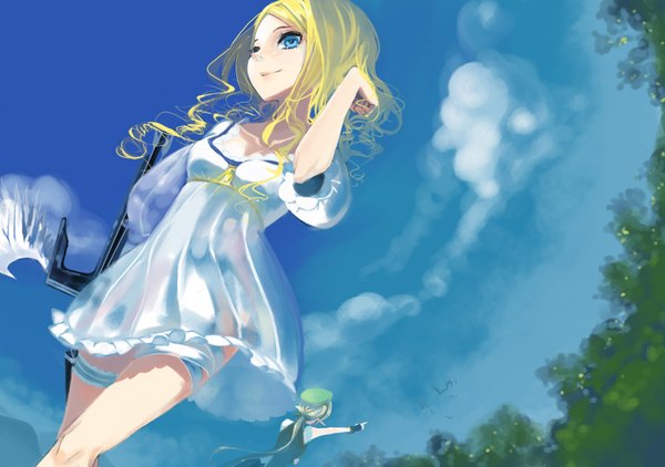 Anime picture 1772x1249 with original pixiv fantasia cane (artist) long hair looking at viewer highres blue eyes blonde hair smile multiple girls sky cloud (clouds) ponytail from below back pointing girl dress weapon 2 girls