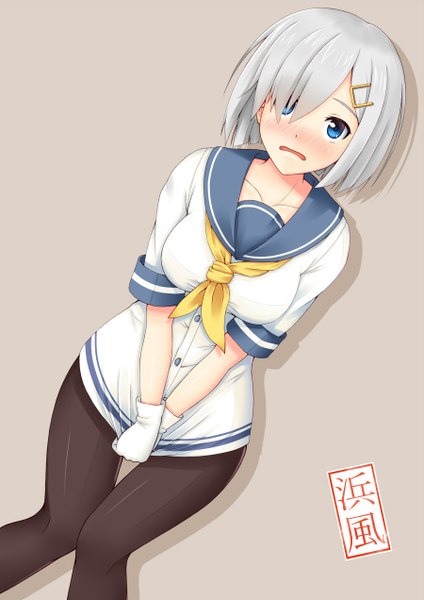 Anime picture 900x1272 with kantai collection hamakaze destroyer sano souichi single tall image looking at viewer blush fringe short hair open mouth blue eyes silver hair hair over one eye girl gloves pantyhose white gloves black pantyhose sailor suit