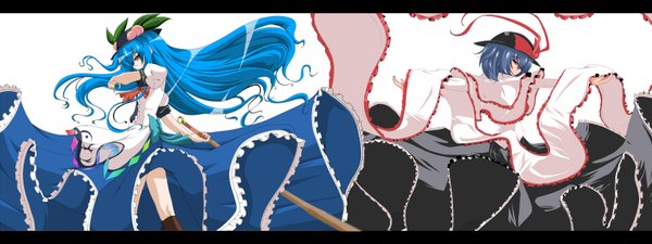 Anime picture 1600x600 with touhou hinanawi tenshi nagae iku shirosuzu long hair short hair red eyes wide image multiple girls blue hair letterboxed girl dress bow 2 girls hat sword