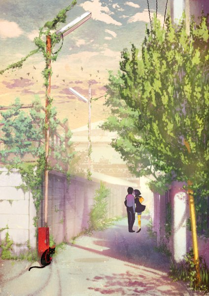 Anime picture 1240x1754 with original sakamoto himemi (artist) tall image short hair black hair brown hair standing sky cloud (clouds) profile from behind shadow couple back almost kiss alley girl thighhighs boy skirt