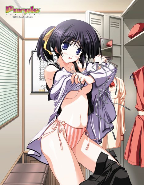 Anime picture 1874x2400 with natsuiro komachi purple software tall image highres blue eyes light erotic black hair pantyshot undressing girl underwear panties