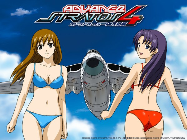Anime picture 1024x768 with stratos 4 long hair ass wallpaper swimsuit bikini red bikini aircraft airplane kisaragi sayaka mukai touko