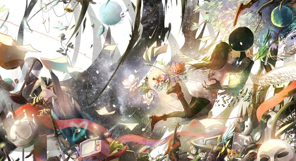 Anime picture 1700x927 with deemo girl (deemo) deemo (character) sishenfan long hair brown hair wide image brown eyes torn clothes white wings o o girl dress weapon plant (plants) animal sword wings tree (trees) toy