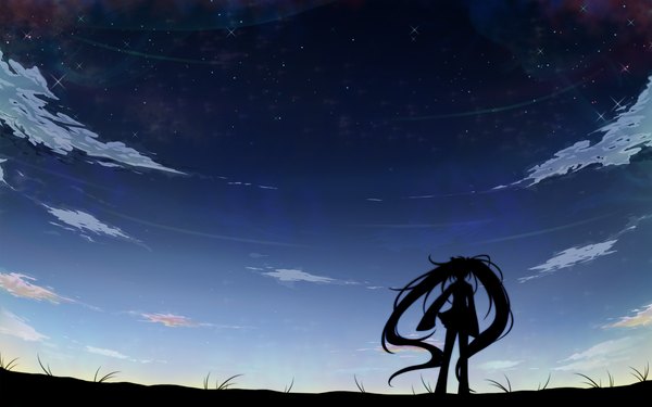 Anime picture 1280x800 with vocaloid hatsune miku mokoppe single wide image twintails sky cloud (clouds) very long hair wallpaper silhouette girl