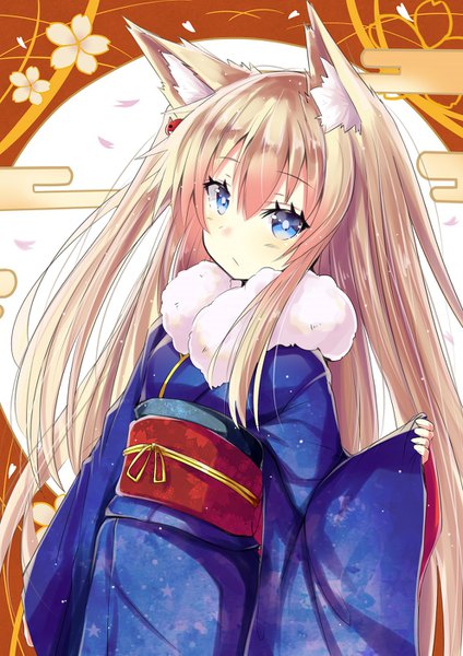 Anime picture 992x1403 with original hizaka single long hair tall image looking at viewer blush fringe blue eyes hair between eyes brown hair animal ears payot long sleeves traditional clothes japanese clothes wide sleeves fur trim fox ears side ponytail