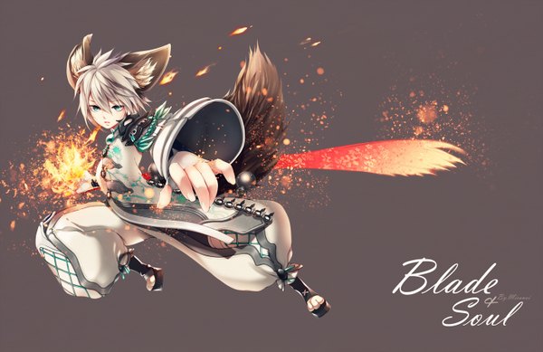 Anime picture 1424x925 with blade & soul lyn (blade & soul) fringe simple background green eyes animal ears silver hair tail animal tail glowing boots fire