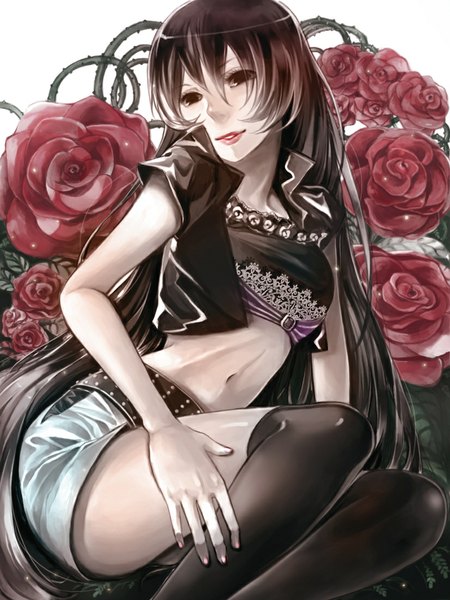 Anime picture 827x1102 with original toumei iro single long hair tall image fringe breasts smile brown hair sitting looking away lips midriff zettai ryouiki girl thighhighs navel flower (flowers) black thighhighs shorts
