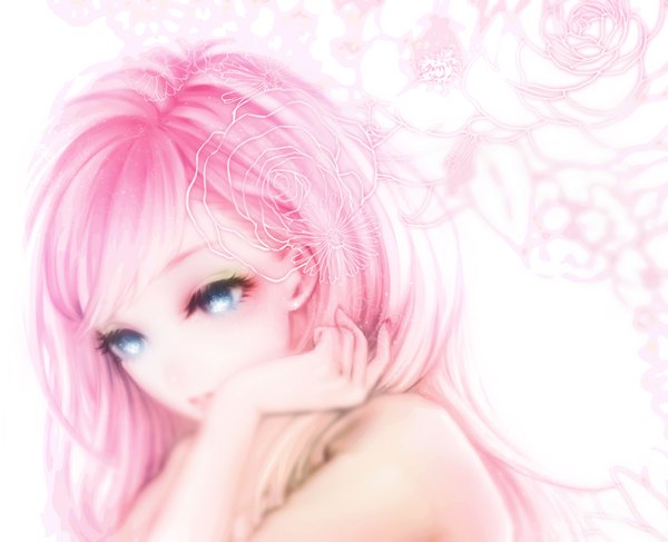 Anime picture 1862x1514 with vocaloid megurine luka ohagi (ymnky) single long hair highres blue eyes bare shoulders looking away pink hair girl flower (flowers)