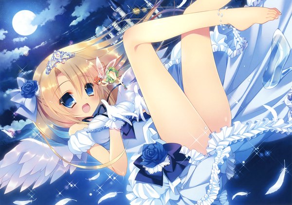 Anime picture 3300x2328 with original eshi 100-nin ten nanaka mai single long hair looking at viewer blush highres open mouth blue eyes blonde hair absurdres sky cloud (clouds) barefoot scan night bare legs fantasy fairy