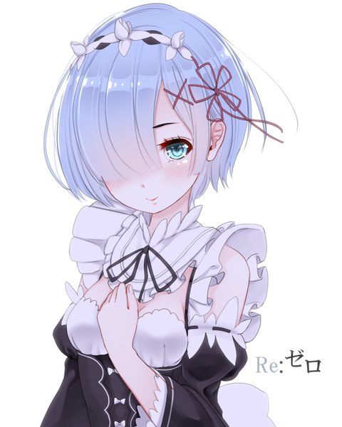 Anime picture 960x1200 with re:zero kara hajimeru isekai seikatsu white fox rem (re:zero) kiyomin single tall image looking at viewer blush fringe short hair blue eyes simple background white background blue hair hair over one eye maid girl dress uniform detached sleeves