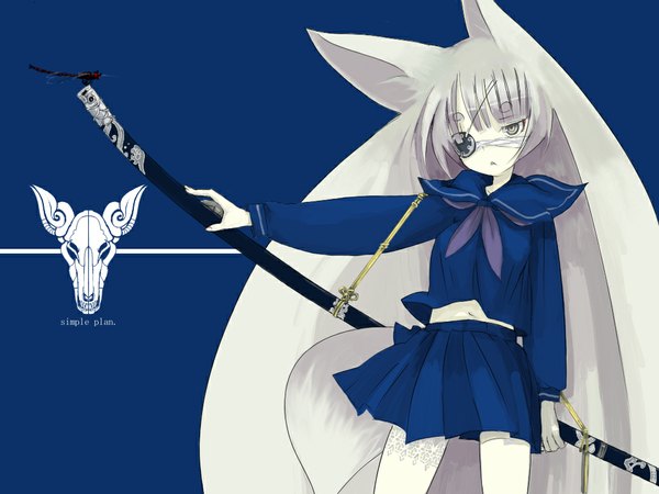 Anime picture 1024x768 with green eyes animal ears silver hair tail fox ears fox tail uniform school uniform sword katana eyepatch argonauts gemini