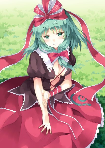 Anime picture 854x1200 with touhou kagiyama hina rasahan (artist) single long hair tall image blush smile sitting green eyes cleavage green hair from above girl dress skirt bow ribbon (ribbons) hair bow skirt set