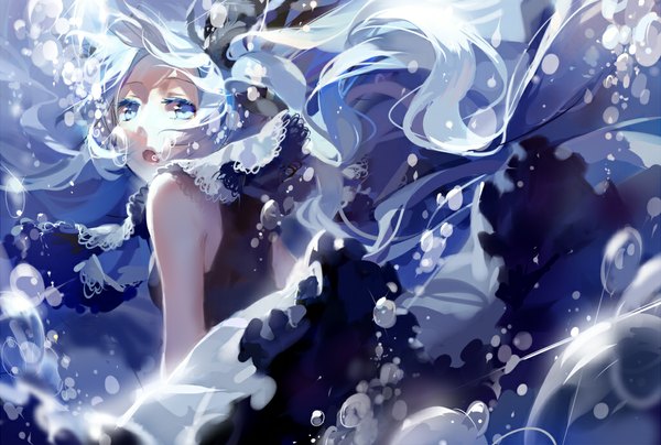 Anime picture 1024x691 with vocaloid hatsune miku rella single long hair looking at viewer open mouth blue eyes bare shoulders blue hair looking back underwater girl dress water bubble (bubbles)