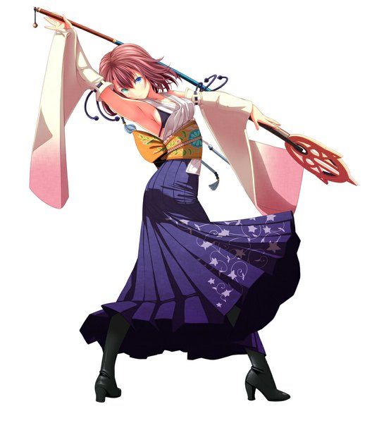 Anime picture 896x1000 with final fantasy final fantasy x square enix yuna (ff10) tsukumo single tall image looking at viewer short hair blue eyes simple background brown hair white background traditional clothes armpit (armpits) girl detached sleeves thigh boots staff