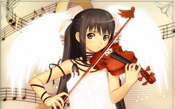 Anime picture 1920x1200 with original tony taka long hair highres black hair wide image black eyes framed girl ribbon (ribbons) wings sundress musical instrument musical note violin bow (instrument)