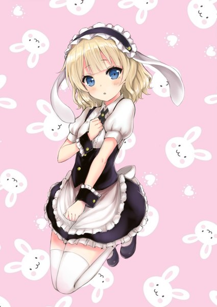 Anime picture 920x1300 with gochuumon wa usagi desu ka? white fox kirima sharo xingnai zito single tall image looking at viewer blush fringe short hair blue eyes blonde hair animal ears full body bunny ears fake animal ears pink background jumping waitress