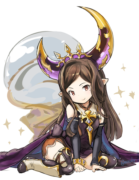 Anime picture 800x1034 with granblue fantasy arulumaya nosuku single long hair tall image looking at viewer fringe simple background brown hair white background sitting bare shoulders brown eyes head tilt horn (horns) light smile pointy ears mole sparkle