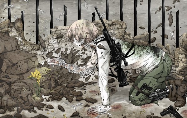 Anime picture 1600x1015 with original paw (brtabby) single fringe short hair blonde hair hair over one eye kneeling outstretched arm destruction broken dirty boy flower (flowers) weapon boots gun leaf (leaves) pants bandage (bandages)