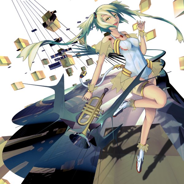 Anime picture 1400x1400 with vocaloid hatsune miku coppelia (futamine) single long hair fringe breasts open mouth light erotic standing twintails alternate costume happy girl detached sleeves boots jewelry bodysuit musical instrument trumpet