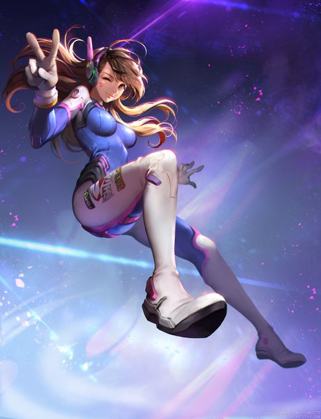 Anime picture 800x1042 with overwatch blizzard entertainment d.va (overwatch) caesty single long hair tall image looking at viewer fringe brown hair bent knee (knees) one eye closed light smile wink facial mark victory whisker markings gloves headphones bodysuit