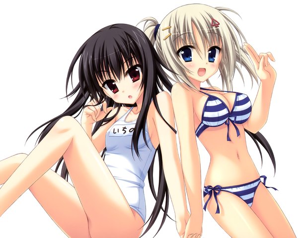 Anime picture 2000x1600 with ore to ichino no game doukoukai katsudou nisshi moritsuka ichino sawamura kirica moribe (rabumanyo) long hair highres short hair blue eyes light erotic black hair blonde hair simple background red eyes white background multiple girls legs girl navel hair ornament 2 girls