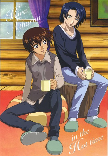 Anime picture 1387x2000 with mobile suit gundam gundam seed sunrise (studio) kira yamato athrun zala tall image short hair smile brown hair sitting green eyes blue hair indoors multiple boys grey eyes snowing winter snow boy socks