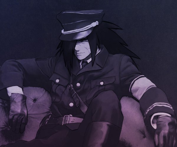 Anime picture 998x831 with naruto studio pierrot naruto (series) uchiha madara single long hair looking at viewer fringe sitting hair over one eye spiked hair rinnegan boy gloves uniform hat belt knee boots couch military uniform