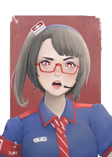 Anime picture 1500x2100 with internet positif ipo-chan jubi (regiana) single tall image fringe short hair open mouth simple background red eyes signed upper body blunt bangs lips grey hair realistic teeth character names side ponytail border