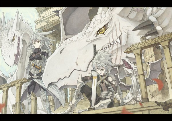 Anime picture 1080x763 with original nike (smaaaash) long hair short hair standing sitting yellow eyes one eye closed grey hair wink teeth couple letterboxed twins sharp teeth ruins girl boy uniform sword