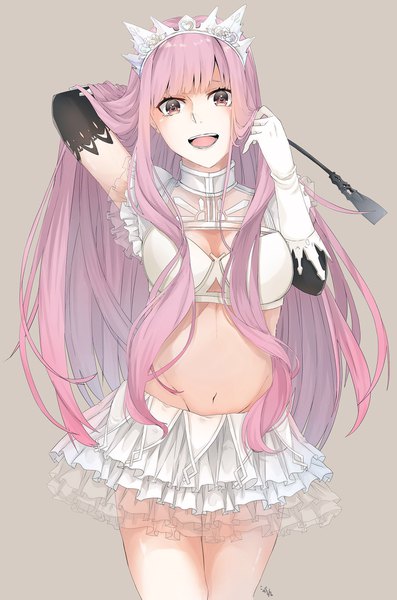 Anime picture 1356x2048 with fate (series) fate/grand order medb (fate) kogeta kaori single long hair tall image fringe open mouth light erotic standing brown eyes signed pink hair blunt bangs :d pleated skirt grey background teeth midriff