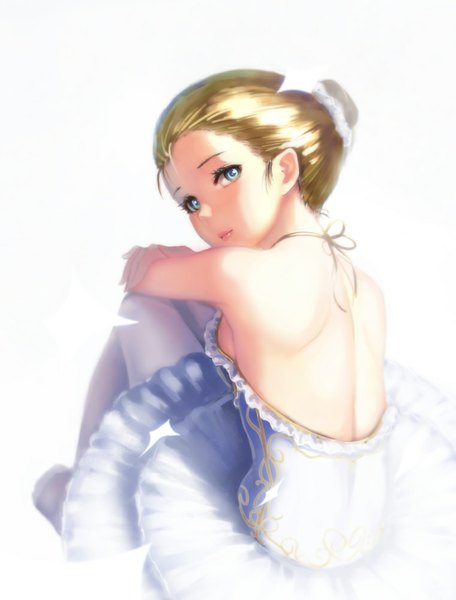 Anime picture 761x1000 with original lamchun (2006) tall image breasts blue eyes simple background blonde hair white background sitting bare shoulders lips from behind hair bun (hair buns) back ballerina ballet dancer girl dress pantyhose