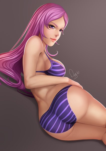 Anime picture 900x1273 with original magion02 single long hair tall image light erotic simple background signed pink hair ass lying pink eyes looking back lips realistic grey background girl swimsuit bikini striped bikini