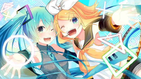 Anime picture 1920x1080 with vocaloid hatsune miku kagamine rin temari (deae) long hair highres short hair open mouth blonde hair wide image twintails multiple girls green eyes one eye closed aqua eyes wink girl hair ornament bow 2 girls
