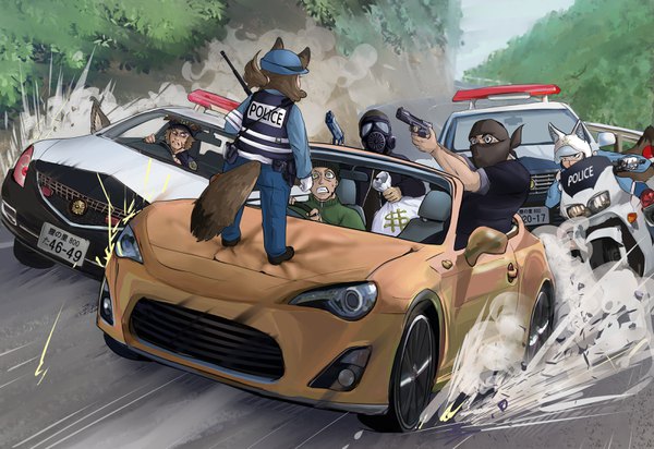 Anime picture 3198x2196 with original doitsuken highres short hair brown hair standing animal ears absurdres tail animal tail multiple boys fox ears fox tail fox girl police policewoman driving chasing girl boy