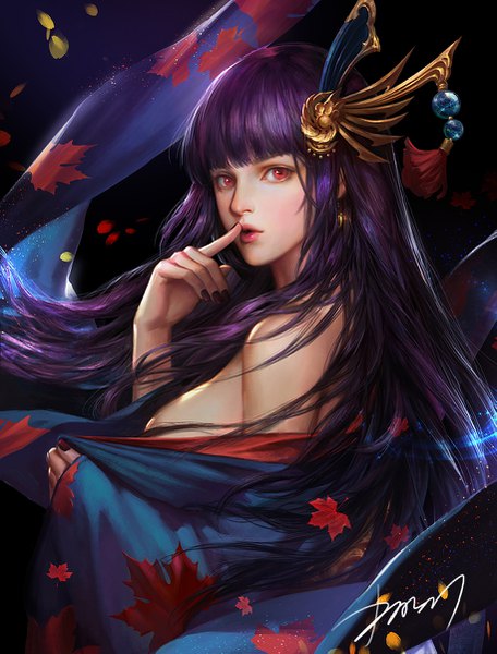 Anime picture 913x1201 with onmyoji guinu hongye shitsu soku k single long hair tall image looking at viewer fringe breasts light erotic red eyes signed purple hair blunt bangs nail polish traditional clothes parted lips japanese clothes off shoulder finger to mouth