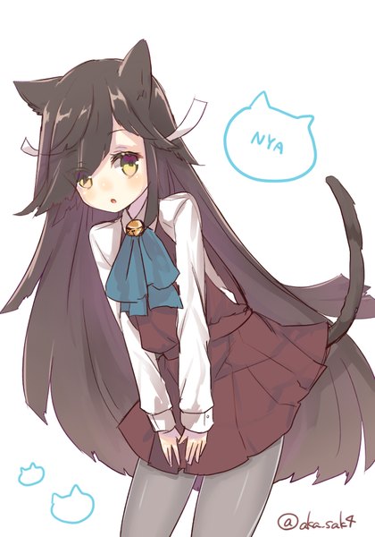 Anime picture 700x1000 with kantai collection hayashimo destroyer sakofu single long hair tall image blush black hair simple background white background signed animal ears yellow eyes looking away tail parted lips animal tail cat ears cat girl cat tail