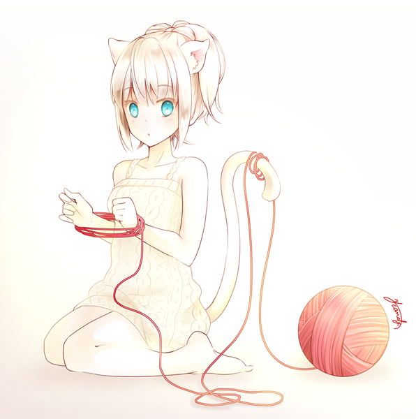 Anime picture 980x988 with original ahira yuzu tall image looking at viewer blush fringe short hair simple background blonde hair white background bare shoulders signed animal ears bent knee (knees) tail animal tail aqua eyes cat ears bare legs :o