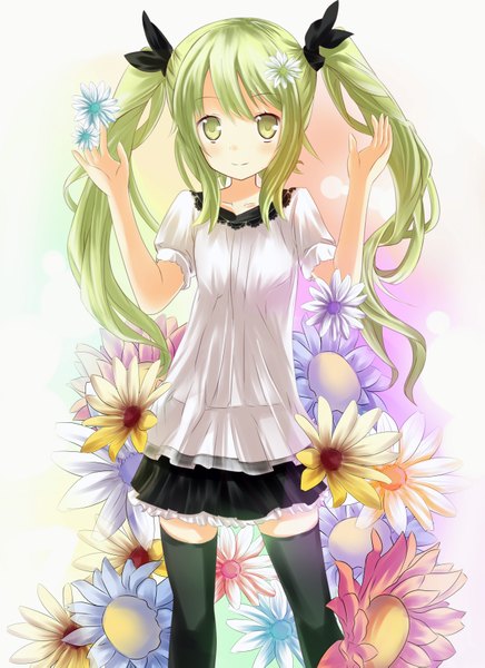 Anime picture 2550x3509 with vocaloid hatsune miku mimike (artist) single long hair tall image highres smile twintails green eyes absurdres green hair girl flower (flowers) sundress