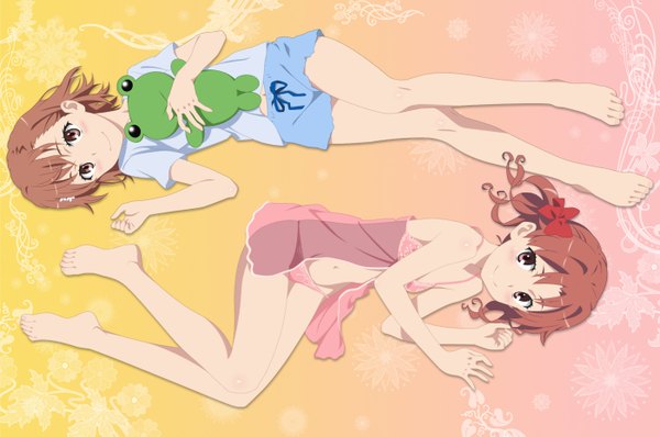 Anime picture 1400x930 with to aru kagaku no railgun to aru majutsu no index j.c. staff misaka mikoto shirai kuroko gekota smile (rz) blush short hair light erotic smile brown hair multiple girls brown eyes barefoot bare legs girl underwear panties bow