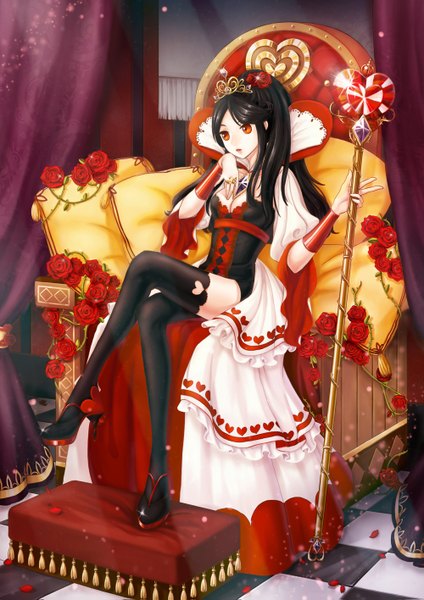 Anime picture 1000x1415 with original ming (applem7) single long hair tall image black hair red eyes ponytail crossed legs girl thighhighs dress flower (flowers) black thighhighs petals pillow staff throne